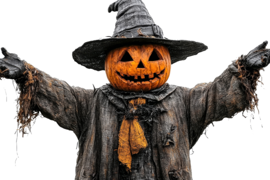 Scarecrow with pumpkin head celebrating Halloween