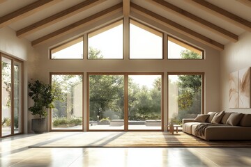 Fototapeta premium Modern Living Room Design with Large Windows Wooden Beams and Sunlit Patio View