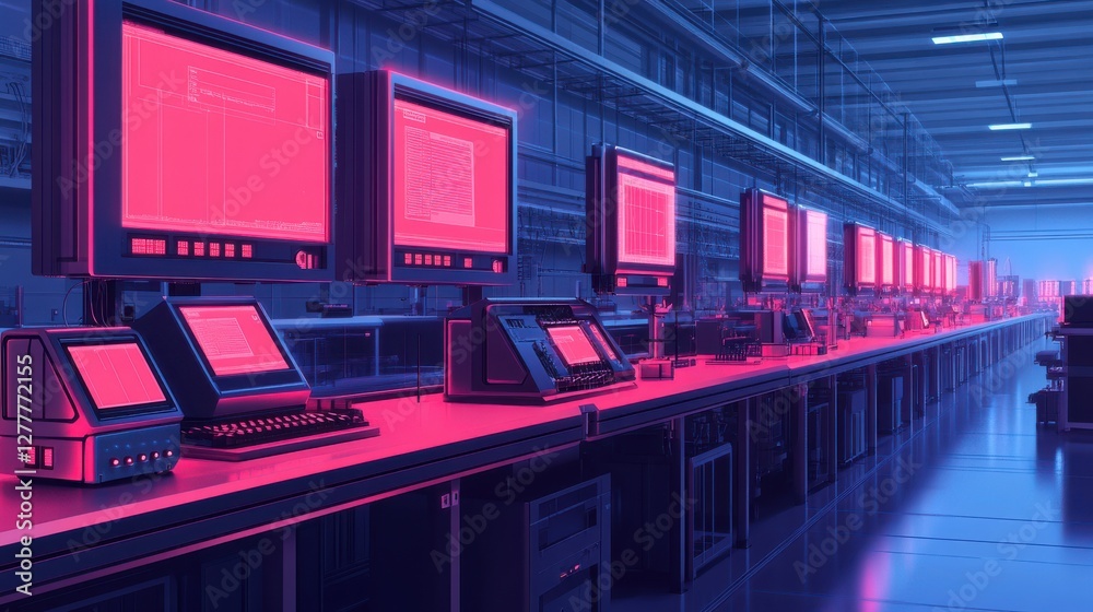 Poster advanced automated system inspecting computer parts with red-lit production machinery