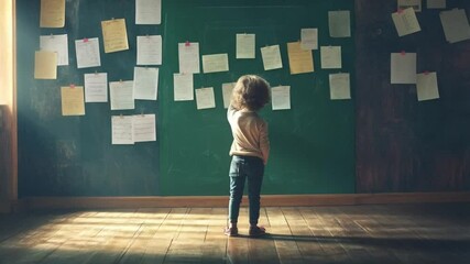 The little child happily wrote on the board, showcasing their imagination and excitement for learning.