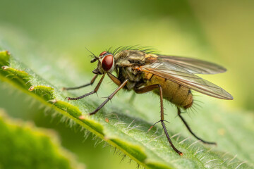 Fototapeta premium close up of fly resting on green leaf, showcasing its intricate details