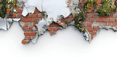 Close-up of a broken red brick wall with cracked tiles and moss growth, viewed from above. white background