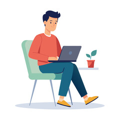 a boy is using his laptop vector	
