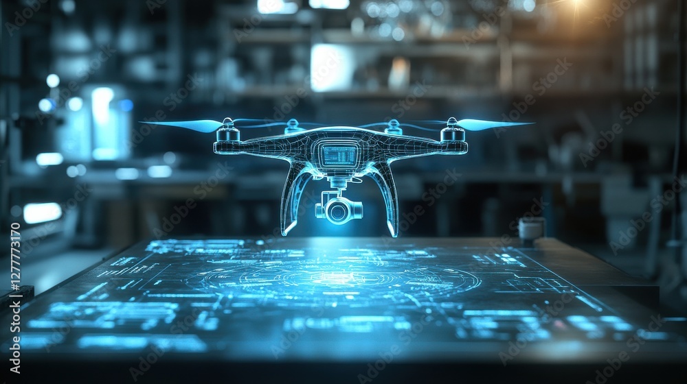 Poster high-tech drone displayed with digital blueprints in an engineering workspace