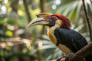 Obraz premium Majestic hornbill perched in lush greenery, showcasing vibrant colors and unique beak