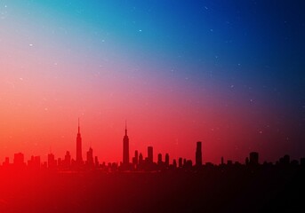 Obraz premium A stylized urban image: black city skyline silhouette against a horizontally-stretched gradient sky of blue and red