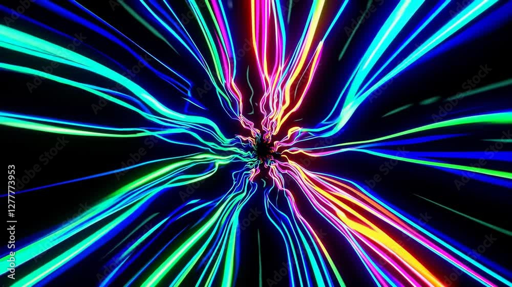 Aufkleber Vivid swirling neon light trails on a black background, creating an abstract and dynamic visual effect. Futuristic digital art and technology concept