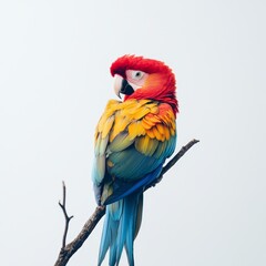 Obraz premium Brightly Colored Parrot Posing on a Branch Against White Background