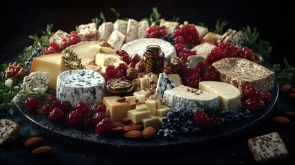 Gourmet cheese and fruit platter, dark background, food photography, culinary