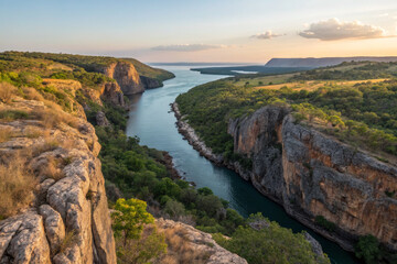 Breathtaking landscape of river winding through rocky cliffs and lush greenery