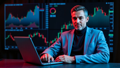 Concentrated middle-aged male cryptocurrency trader analyzing blockchain data at desk