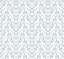 Wallpaper in the style of Baroque. White and gray floral ornament. Seamless vector background. Graphic pattern for fabric, wallpaper, packaging. Ornate Damask flower illustration