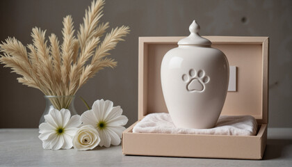 Elegant white ceramic paw print urn resting on velvet cushion inside keepsake box with flowers