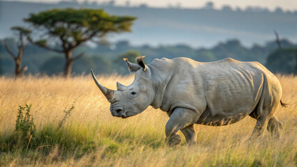 Obraz premium Majestic white rhinoceros walking through golden grassland in wild
