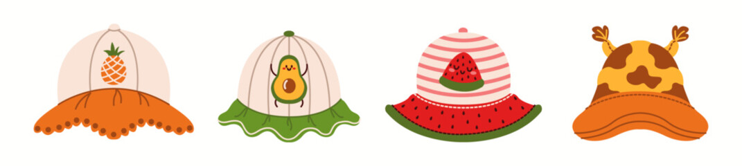 Illustration showcasing four unique bucket hats with character designs, including a monster, bear, bunny, and mouse for playful kids.