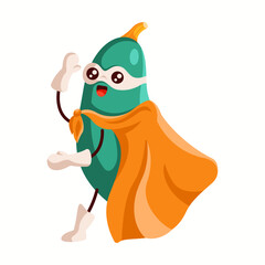 Smiling zucchini superhero in a white mask and orange cape, raising a hand. A friendly and energetic vegetable character representing health, fun, and adventure.