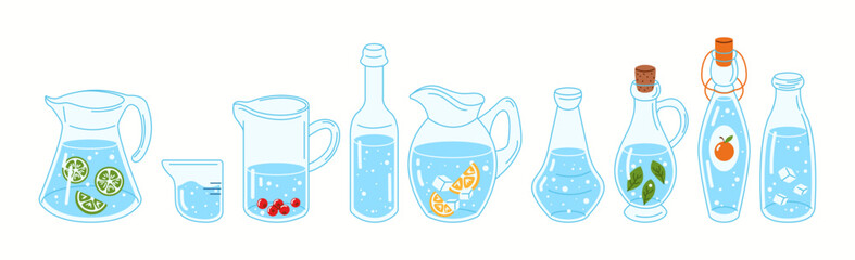Illustration of multiple water jugs, bottles, and pitchers, representing a variety of storage options for clean drinking water.