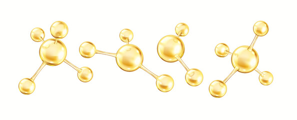 Golden collagen molecules form complex structures realistic color icons set. Spheres create chemical bonds 3d objects bundle on white