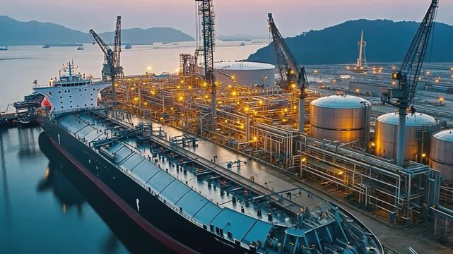 Floating storage regasification unit moored at dusk