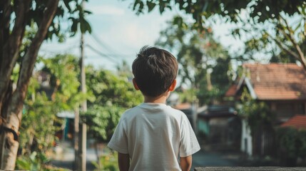 Fototapeta premium Young boy in a white t-shirt stands with his back facing the camera, looking at a peaceful village with green trees and houses under a sunny sky