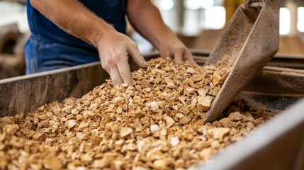 Close-up of a worker's hands touching crushed stones in an industrial setting. The image highlights manual labor in construction material processing