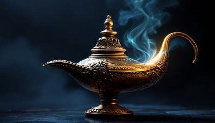 Ornate golden genie lamp with blue smoke emerging from it