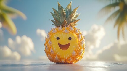 Happy pineapple on beach, sunny sky, tropical vacation