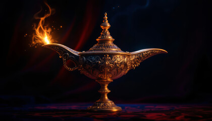 Ornate golden aladdin lamp emitting magical flame in dark background