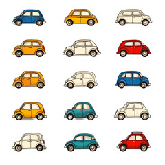 Fototapeta premium Vintage Style Cartoon Cars in Various Colors and Designs