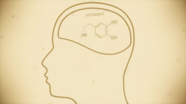 Formula of hormone dopamine in human head. Connected lines with dots background.