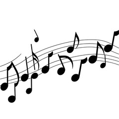 Musical Notes Flowing Across a Curved Line in Black and White Design