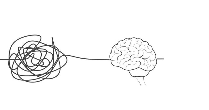 Personal growth and development. From chaos to order. Mental health concept. Metaphor of problem solving, chaos and mess, difficult situation. Human brain silhouette with untangled knot