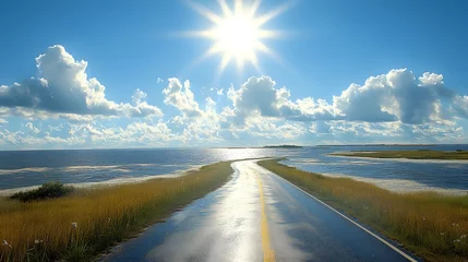 Ingelijste posters Huisarts Endlose Straße durch Wasserlandschaft unter strahlendem Sonnenschein     © Jibber 