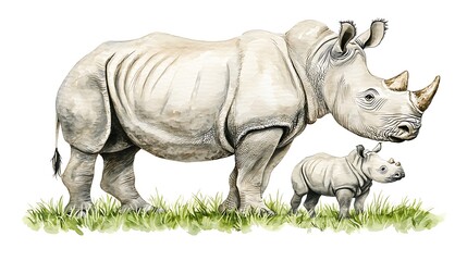 Obraz premium Watercolor Painting of a Mother White Rhinoceros and her Calf in the Grass
