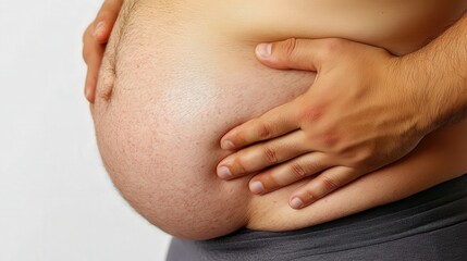 A close-up of a round belly, emphasizing body fat and weight gain.