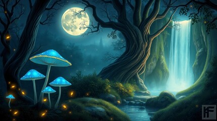 Obraz premium Enchanted Moonlight Waterfall Forest Fantasy Art Print