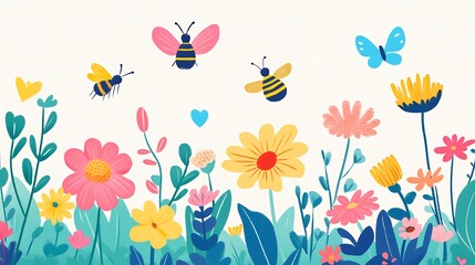 Colorful Bees Butterflies and Flowers in a Garden