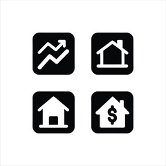 Set of four black and white real estate and investment icons, including a house with a dollar sign, a simple house, a house with a dollar sign and arrow symbolizing growth