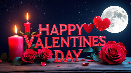 valentines day background with candle, moon and rose