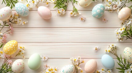 Obraz premium colorful easter eggs and flowers on wooden background, easter composition