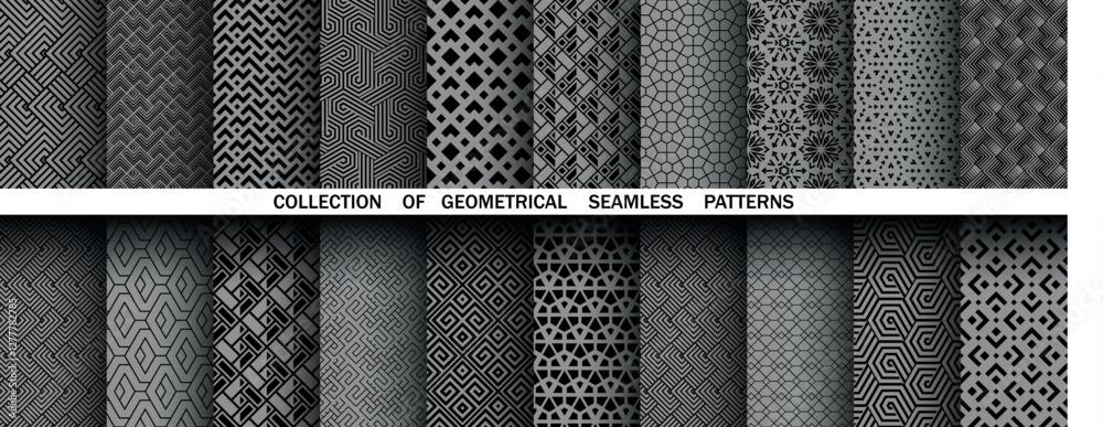 Poster Geometric set of seamless black and gray patterns. Simple vector graphics