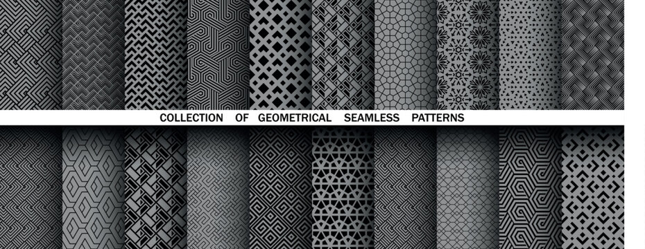 Geometric set of seamless black and gray patterns. Simple vector graphics