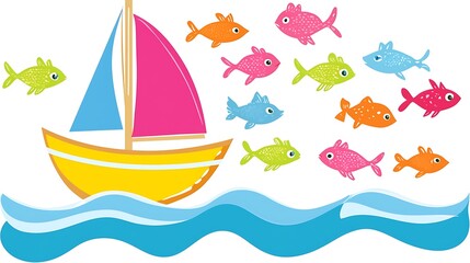 Colorful Cartoon Sailboat and Fish on Ocean Waves.