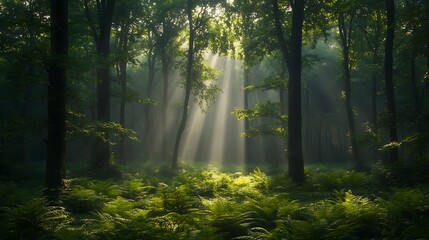 Obraz premium Sunbeams Illuminate Misty Forest Ferns And Trees