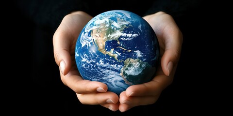 Feminine hands wrapped around the Earth, symbolizing the impact of women globally