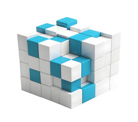 Obraz premium 3D graphic showing a cube being put together from individual blocks. It's set against a white background, perfect for your design needs.
