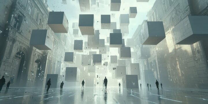 Fototapeta Floating 3D cubes forming an immersive digital space