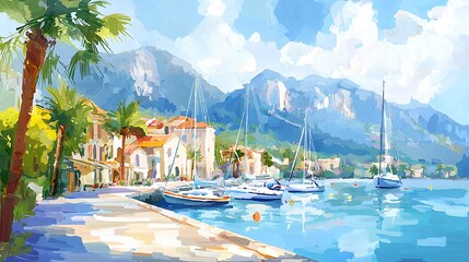 Mediterranean Harbor Town Seascape Painting - Sailboats, Palm Trees, and Mountains.