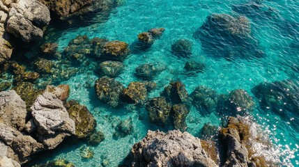 Obraz premium On a sunny day, crystal-clear turquoise waters, rocky formations and a Mediterranean coastline can be seen from the sky