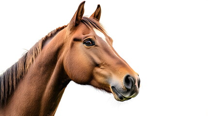 Fototapeta premium The horse is thinking about something, white background, high resolution photography, professional color grading, soft shadows, no contrast, clean sharp focus digital photography. High quality photo